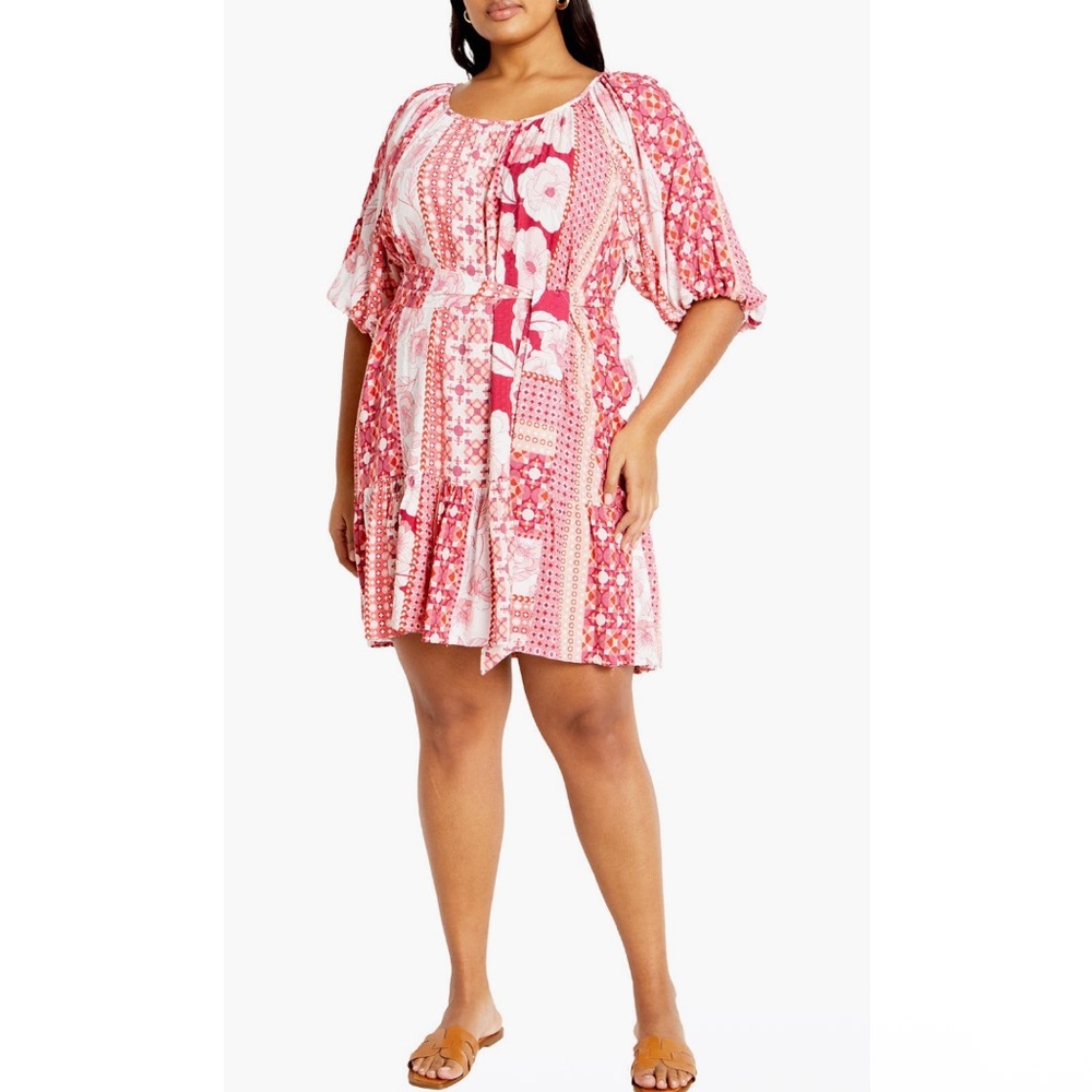 City Chic Pink Patchwork Boho Mini Dress | Flowy | Short Sleeve | Plus Size 16W